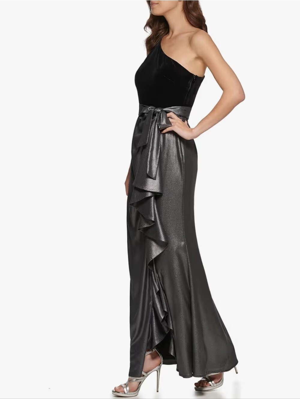 DKNY Velvet Foil Chiffon Ruffle Mix Media Dress Gown Maxi Length - Picture 7 of 15